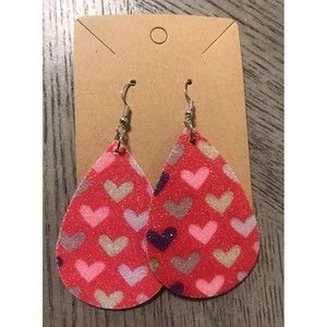 Pink Glitter Teardrop Hearts Silver Hardware Earrings USA Valentine's Day
